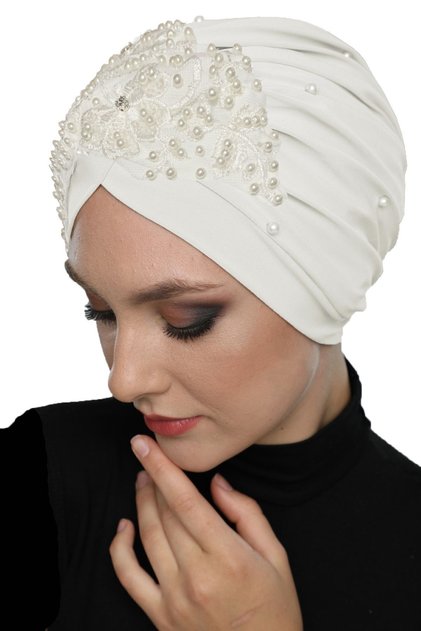 Detachable Lining Embroidered Cream Floral Lace Motif Ready-made Hijab Hijab Evening Dress Bonnet