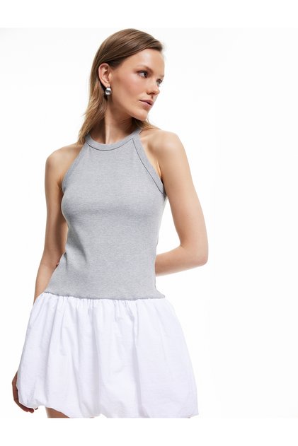 Slim Fit Mini Halter Neck Balloon Dress with Two Different Fabrics