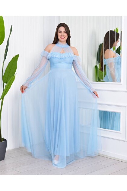 Lovely butik Helen Evening Gown with Tulle Details - Strappy Chiffon  Graduation and Engagement Dress- Trendyol