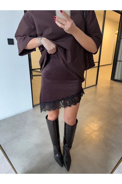Brown Polka Dot Asymmetrical Cut Lace Detailed Mini Satin Skirt - 50227