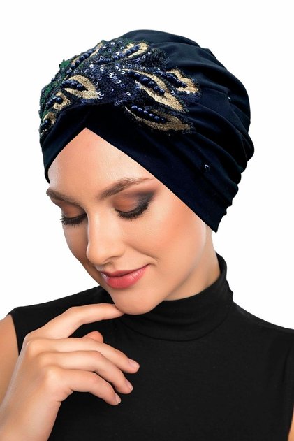Ripped Lined Embroidered Navy Blue Sequined Leaf Motif Ready-made Hijab Hijab Evening Dress Bone