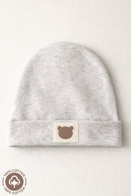 Unisex Baby Beanie with Arma Detail and Teddy Bear, Combed Organic Cotton, Newborn Single Baby Beanie