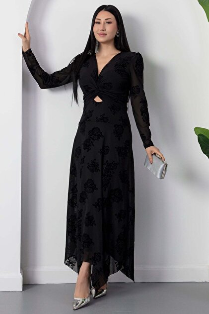 Double-Breasted Collar, Knotted Waist, Long Sleeve Flock Dress Grs3875