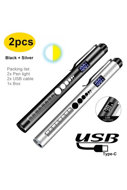 Lithium Ion Battery 2pcs-Black-Silver LCD 2-in-1 LED Mini White/Yellow Pen Light Flashlight USB Rech
