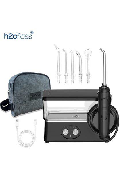 black H2ofloss Water Flosser 570ml Portable Oral Irrigator 140PSI 6 Modes 5 Tips with Travel Bag USB