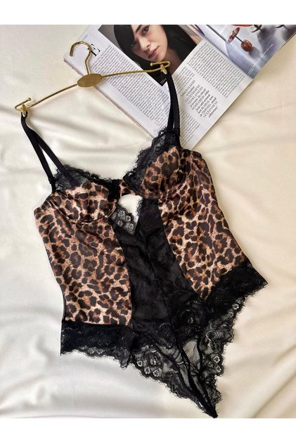 Leopard Patterned Black Lace Bodysuit – Unlined Underwire Premium Lingerie
