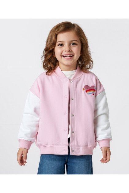 Cotton French Terry Full Sleeves Oversized Bomber Jacket With Embroidery Detailing - Pink