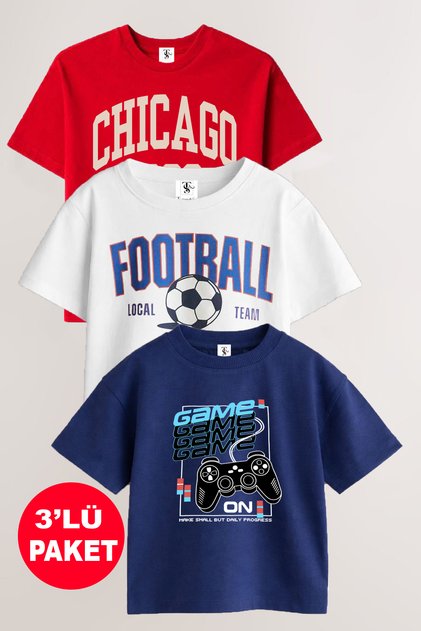 Game Handle and Football Printed 3-Pack Unisex Red-White-Navy Blue Children's T-Shirt