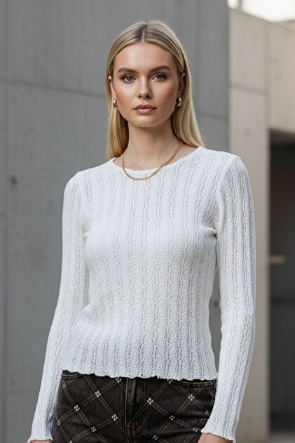 Women's White Crew Neck Long Sleeve Slim Fit Basic Textured Blouse - Women's Blouse