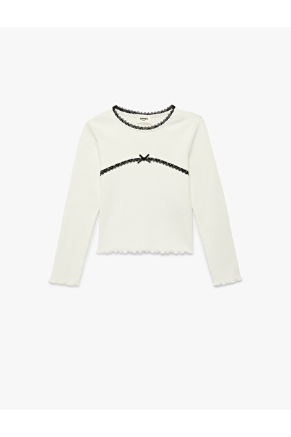 Long Sleeve Lace and Bow Detailed Crew Neck Cotton T-Shirt