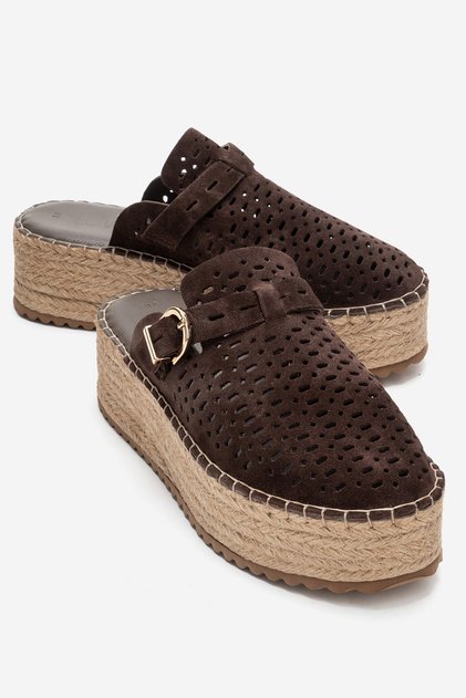 Louis Brown Suede Genuine Leather Closed Toe Straw Wedge Sole Slippers