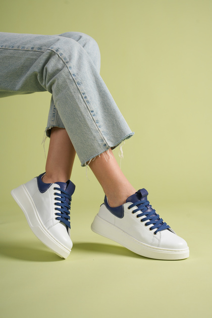 Women's Genuine Leather Lace-Up Casual Sports Shoes - White/Blue