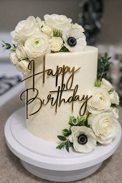Gümüş Ayna Pleksi Happy Birthday Yazılı Pasta Hediye Süsü - Doğum Günü, Parti, Kutlama Dekoru