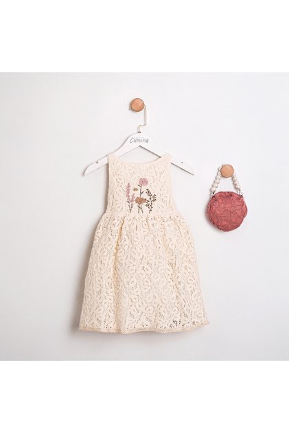 Flower Embroidered Lace Fabric Girls' Dress with Bag