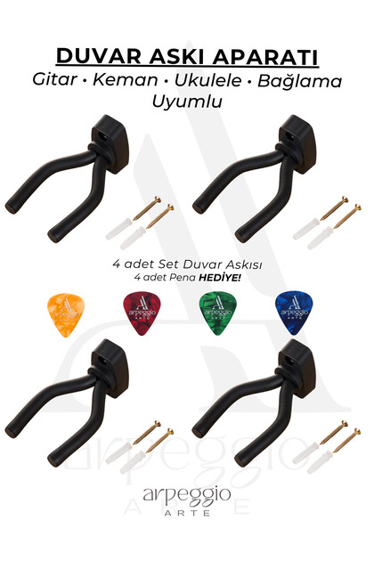 Set de suporturi de perete pentru chitară | Set de 4 piese | Suport cu șuruburi și burete | Compatibil cu vioara si ukulele |