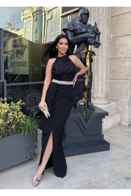 Rose Detailed Stone Belted Slit Halter Evening Dress