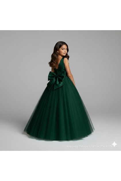 Girl's Emerald Green Tulle Skirt with Bow on the Back Princess Dress, Girl's Graduation Dress