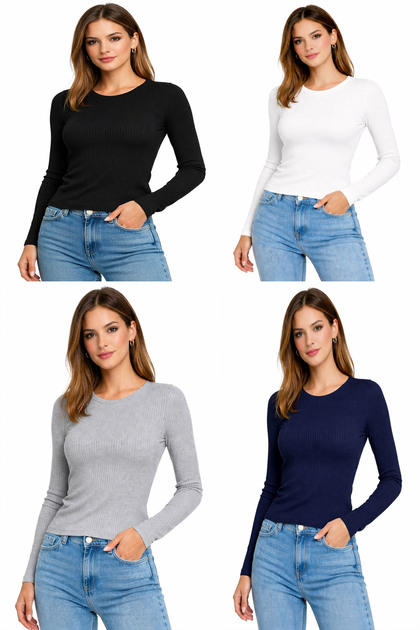 Kadın 4'Lü Paket Kaşkorse Fitilli Uzun Kollu Basic Bluz Bisiklet Yaka Pamuklu