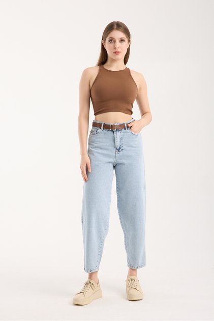 Karyıkama Straight Legged Jean Baggy High Waist Belt Detailed Women's Jeans Fashion