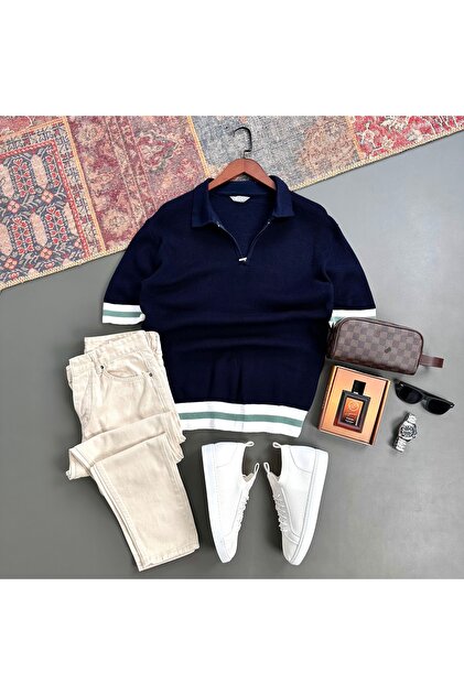 Polo Collar Knit T-Shirt and Jeans 2-Piece Outfit