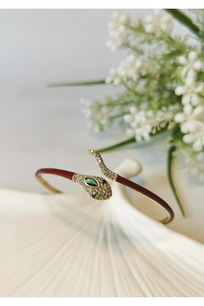Zircon Stone Snake Figured Steel Bracelet Claret Red