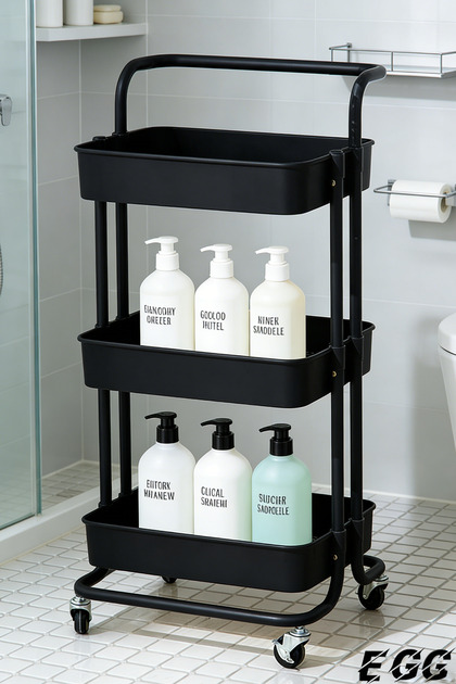 70025 3-tier multi-functional rolling storage rack, metal trolley, black, cosmetics storage