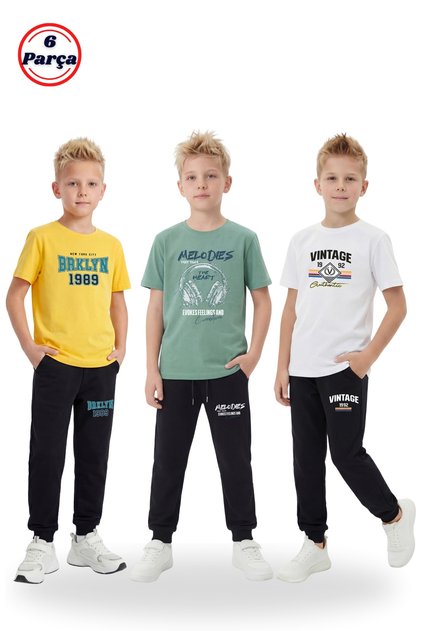 3-Pack Crew Neck Printed Detail Men's Detailed 6-Piece Boys' Top and Bottom Set