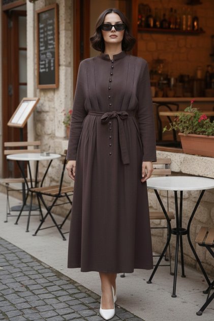 فستان حجاب بأزرار N7204 بني
