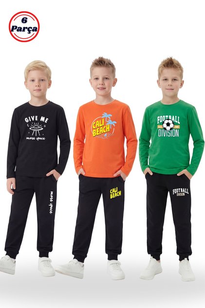 3'lü Yuvarlak Yaka Sweatshirt Siyah Eşofmanlı Baskı Detaylı 6 Parça Erkek Çocuk Alt Üst Takım
