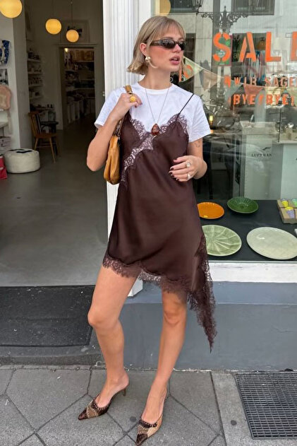 Seeh Brown Lace Asymmetrical Satin Women's Dress Sh349- Trendyol