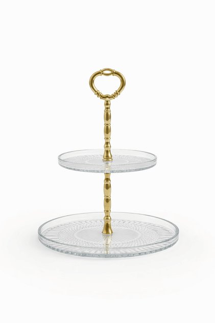 2-Tier Glass Cake & Cookie Presentation Stand – Stylish Presentation Stand with Gold Handles