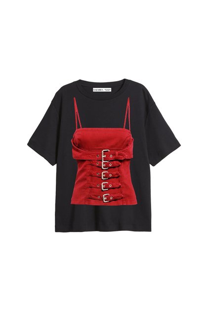 Denim Red Corset Printed Relaxed Fit Women's Black T-Shirt