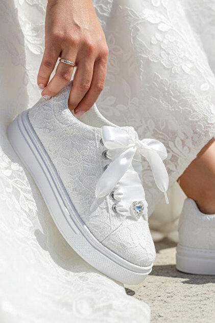 Stilo White Satin Floral Evening Dress Wedding Shoes  Special Design,  Comfortable and Stylish, Light Falyon Sole- Trendyol