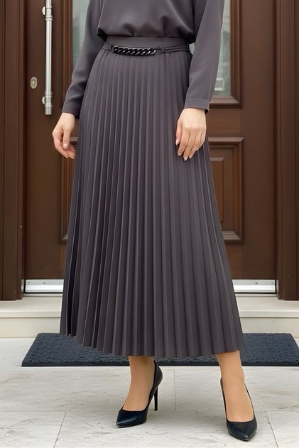 Anthracite Pleated Skirt with Waist Chain Detail