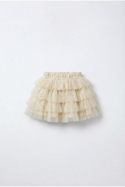 Girl's Cotton Lined Ecru Glitter Layered Tulle Skirt
