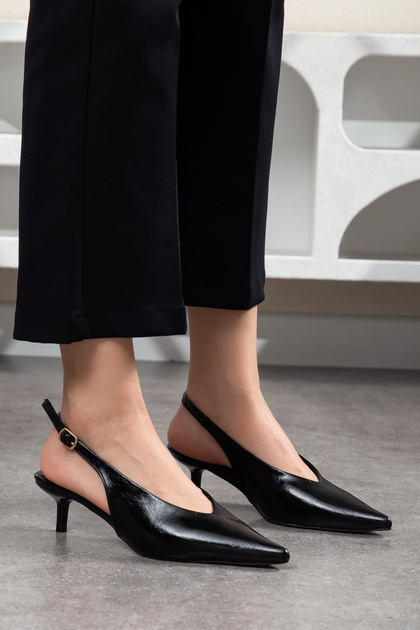 Black Wrinkled Semi-Matte Patent Leather Short Heeled Women's Shoes Pointed Toe