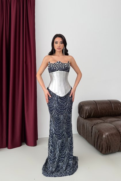 Navy Blue Stone Embellished Sequined Detachable Corset Evening Dress