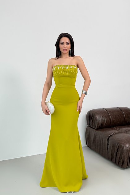 Oil Green Chest Stone Embellished Strapless Evening Dress with Rope Ties
