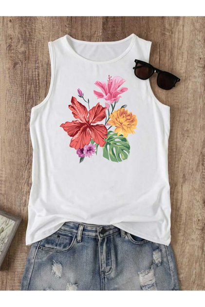 Pastel Flower Printed Women's Sleeveless Cotton Tank Top Tshirt
