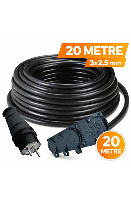 20 Metre Siyah Seyyar Uzatma Kablosu CCA 3x2,5 mm Topraklı – Fişli 3’lü Priz Kauçuk