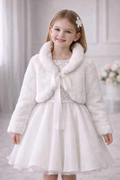 Chaton Door 3-14 Years Old Ecru Color Girls' Plush Long Sleeve Tie-Up Lined Bolero