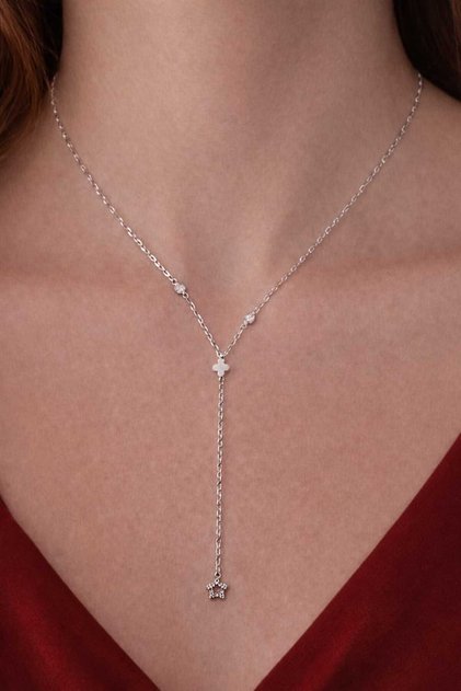 Steel Silver Color Zircon Stone Clover Figured Y Necklace