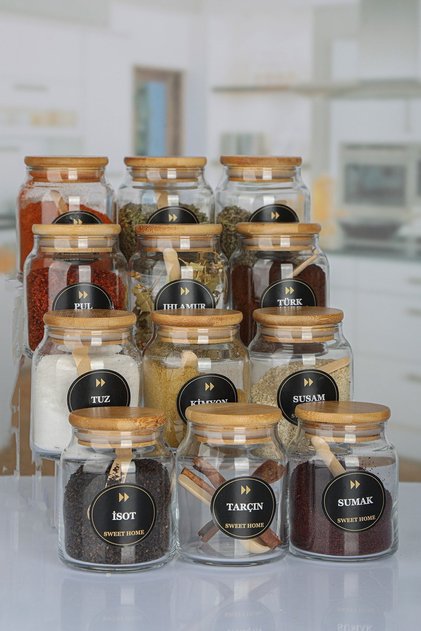 12'li Bambu Kapaklı Baharatlık Seti - Etiketli Kaşıklı 300 ml Çerez Erzak Saklama Kabı Cam Kavanoz