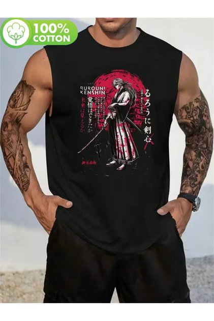 Men's Sports and Casual Stylish Printed Cotton Fabric Black Fitness Singlet