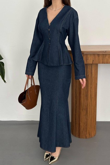 Set pentru femei din denim brut, bleumarin, jachetă peplum cu decolteu în V și fustă tip sirenă, lungime completă