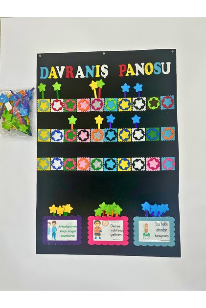 Keçe Davranış Panosu,30 Öğrencilik Yıldızlı Sınıf Ödül Takip Panosu,Laminasyonlu Davranış Kartlı
