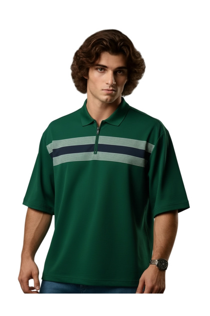 Zippered Men's Large Size Lycra Pique Polo Collar Printed T-Shirt Suitable for Weight Ranges 115 - 138 Kg, Dark Green