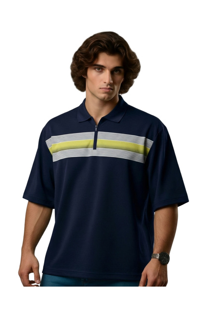 Zippered Men's Large Size Lycra Pique Polo Collar Printed T-Shirt, Suitable for Weight Range 115 - 138 Kilograms, Navy Blue