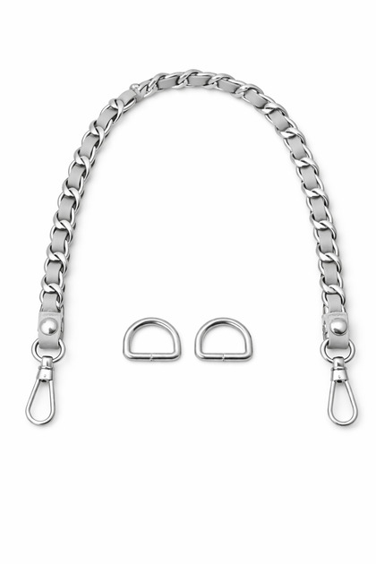 Gray Leather Chain Bag Handle and Bag Front Decoration – with Silver Color Accessories – 45 cm