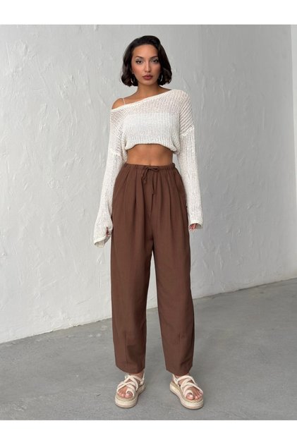 Women's Brown Linen Textured Balloon Pants